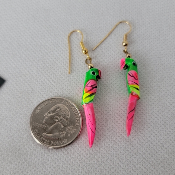 Hand Painted Wood Parrot Earrings Neon - Picture 6 of 7
